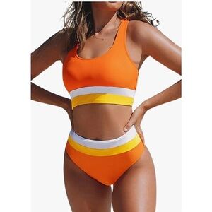 Women’s Orange Colorblock High-Waist Bikini Set